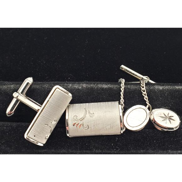 Swank Cufflinks & Tie Tacks Brushed Silver Tone Etched Vintage Mens Jewelry 80s - Picture 15 of 16